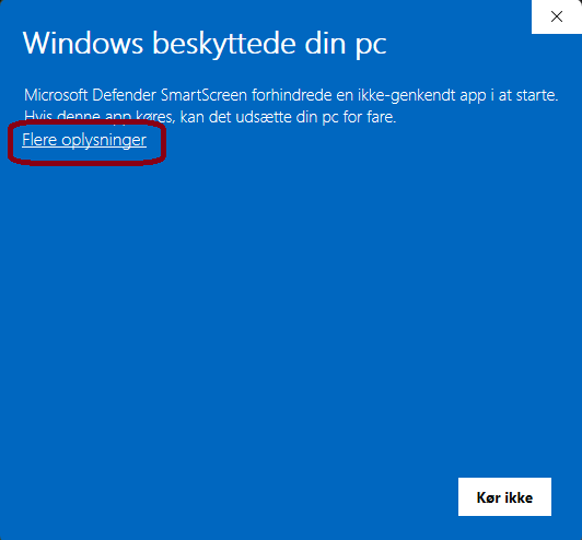 Windows SmartScreen med Kør alligevel markeret